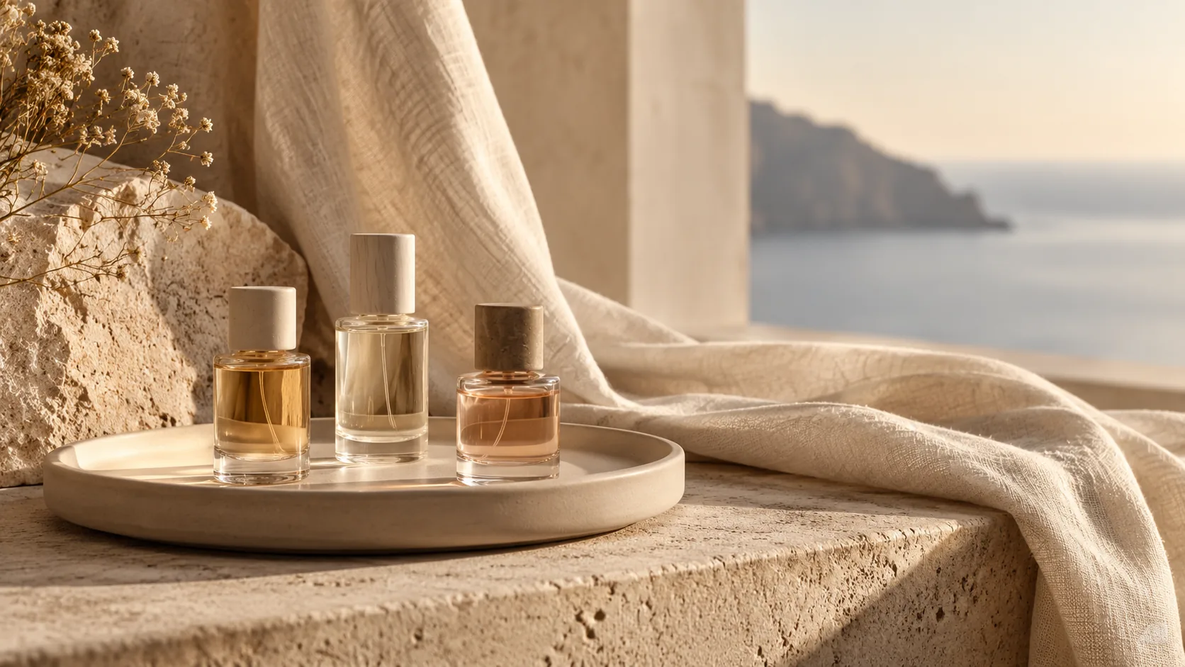 Generic bottles on a quiet linen and limestone dressing table