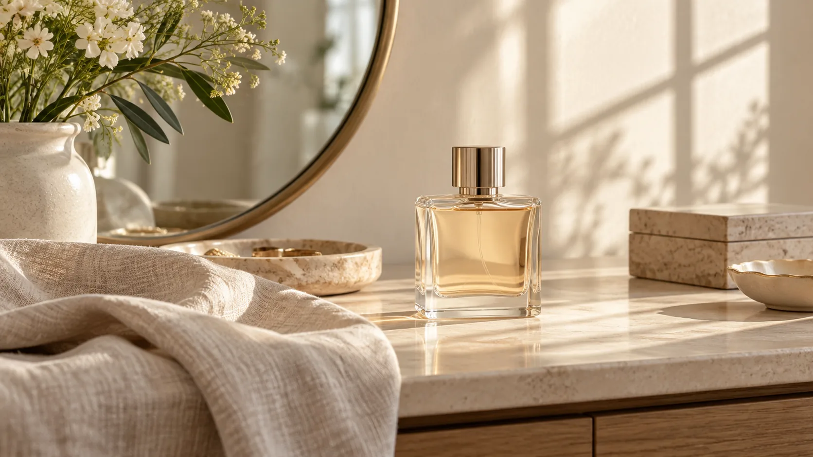 Generic perfume bottle beside a linen sleeve in soft morning light