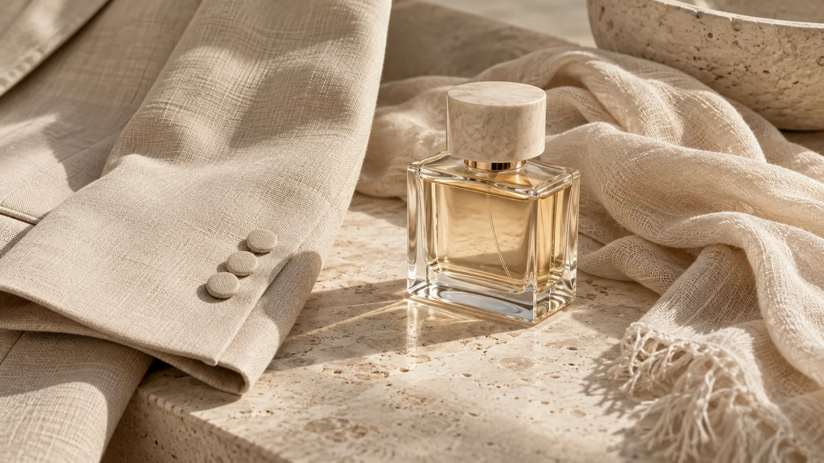 Generic bottle beside a tailored sleeve and textured scarf
