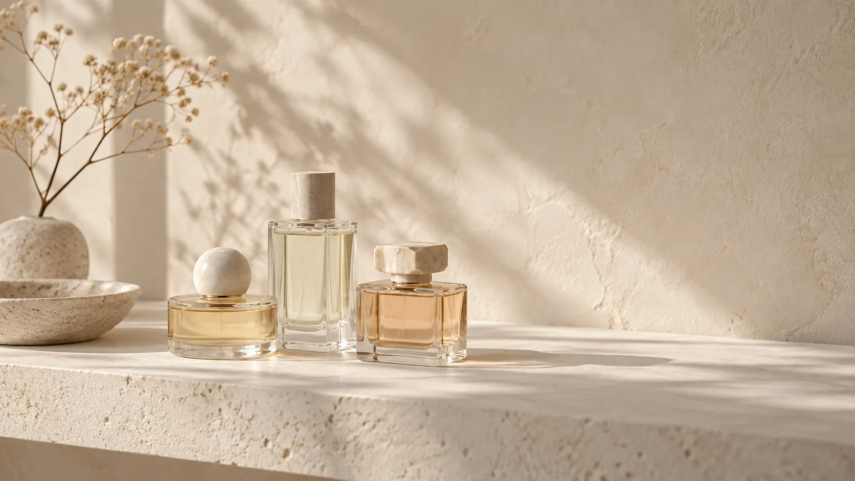 Three generic glass bottles with generous empty shelf space