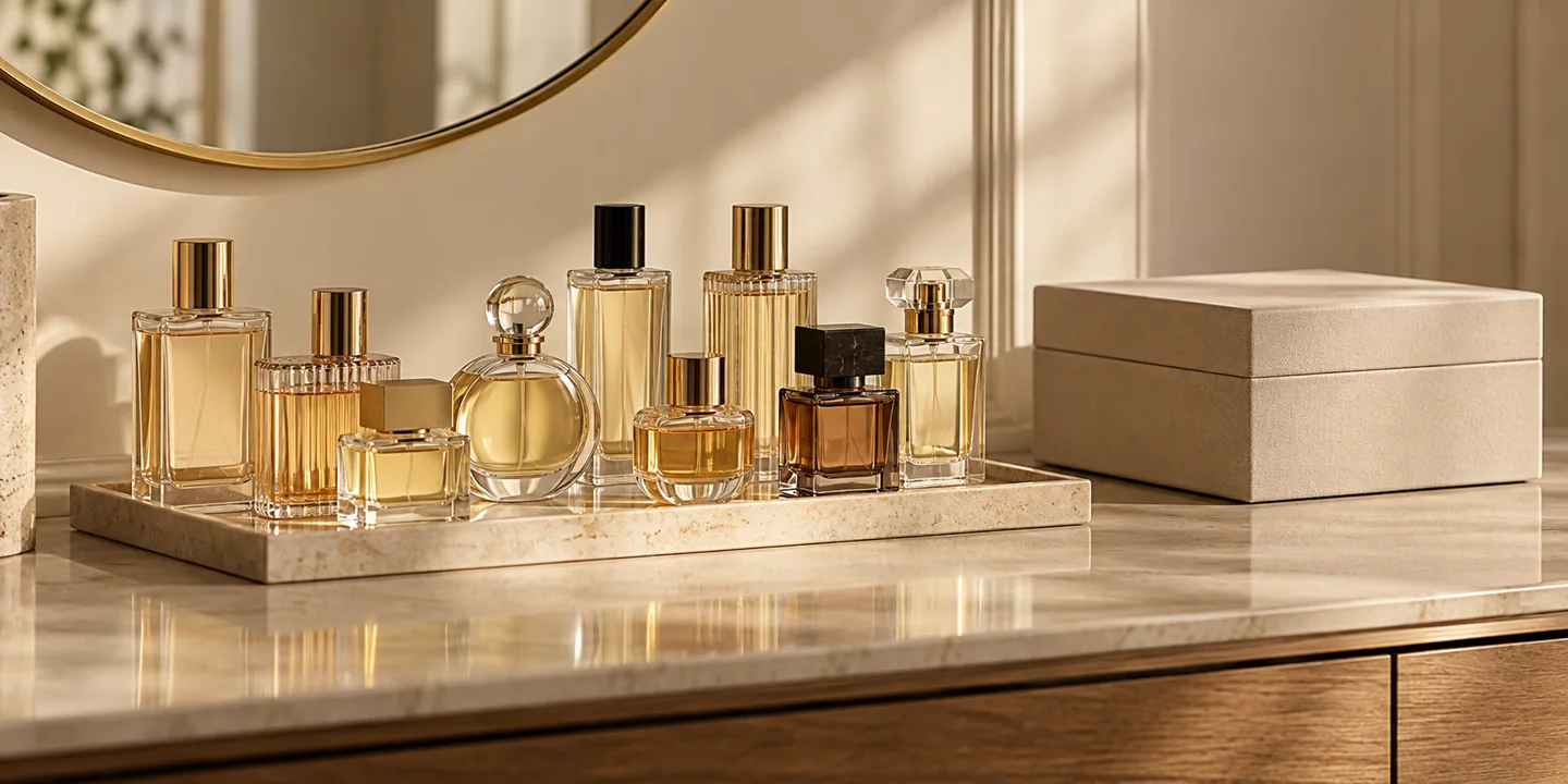 Generic perfume bottles on a tray beside a plain storage box