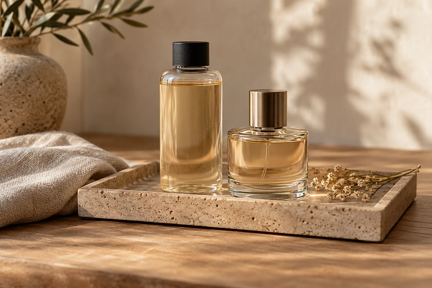 Generic perfume bottles on a tray beside a plain storage box