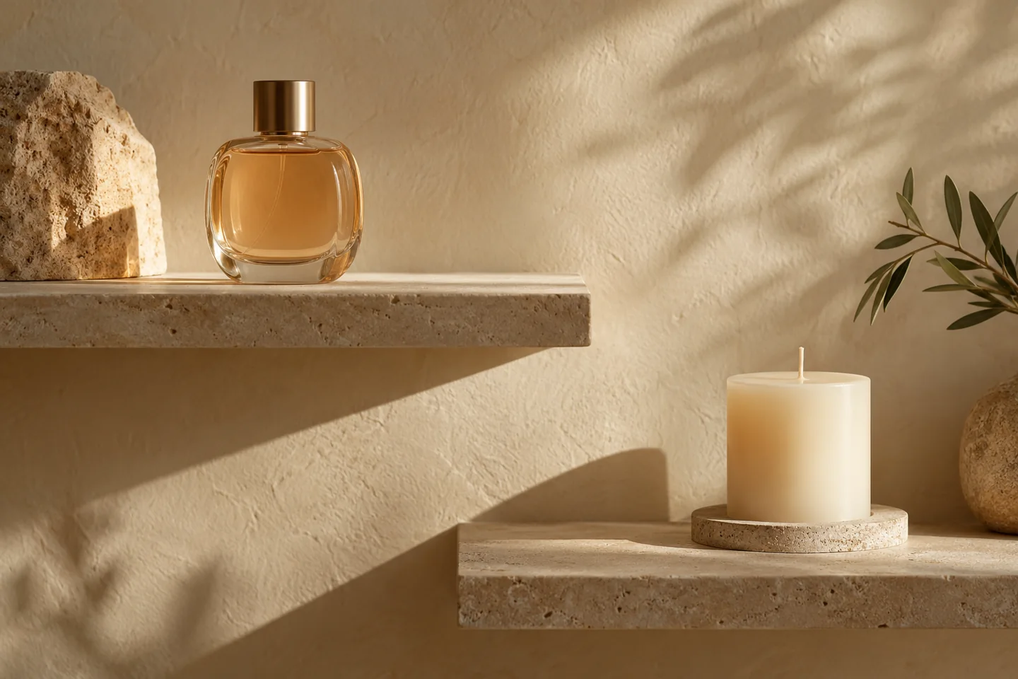 Generic personal perfume and unlit plain candle on separate warm-toned shelves
