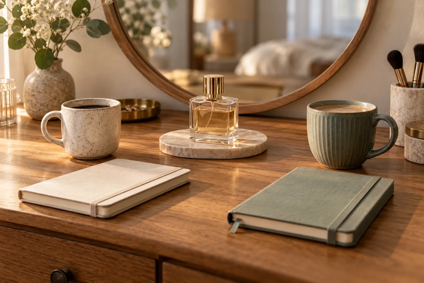 Two mugs and separate blank notebooks beside one generic perfume on shared dressing table