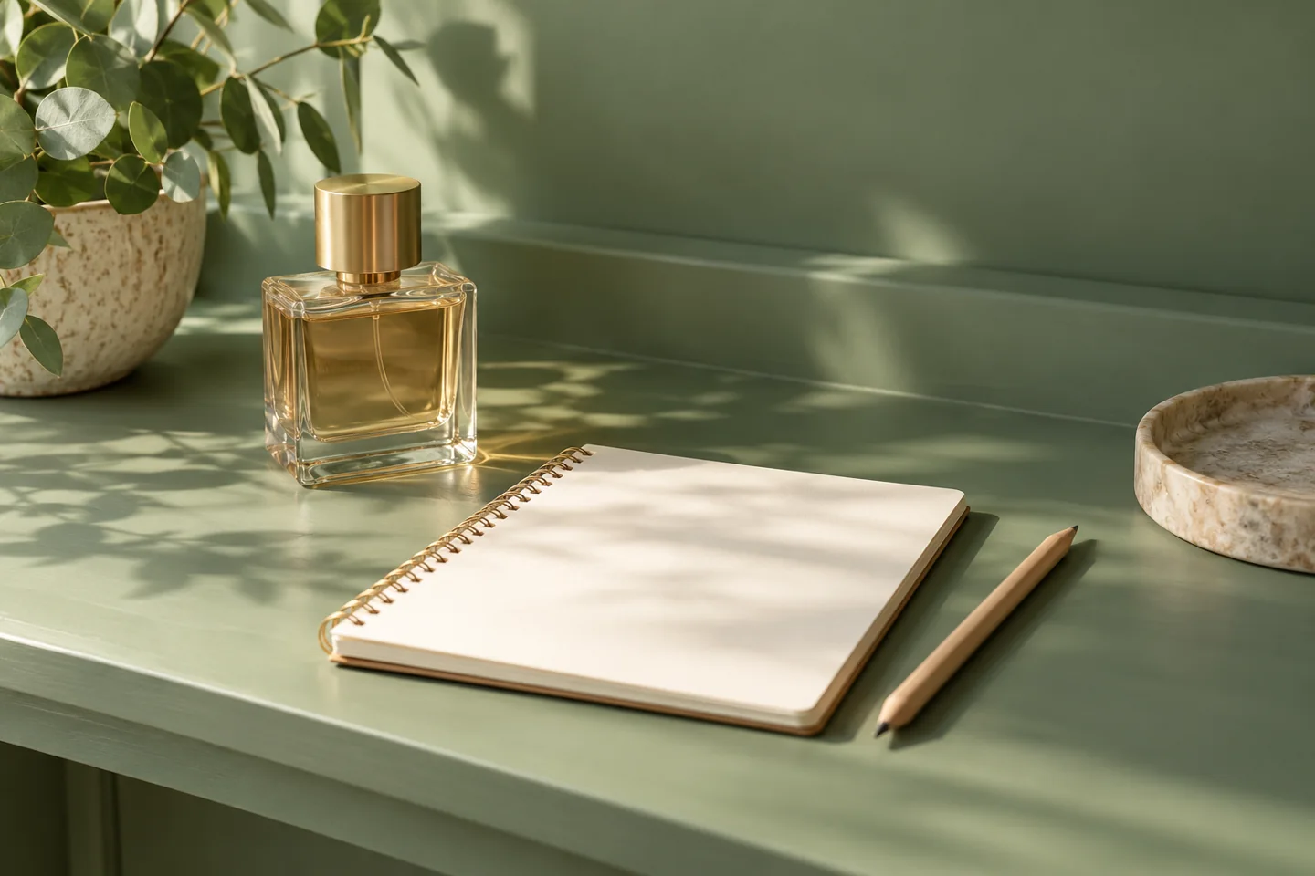 Blank wishlist notebook, pencil and one generic perfume bottle on a muted green shelf