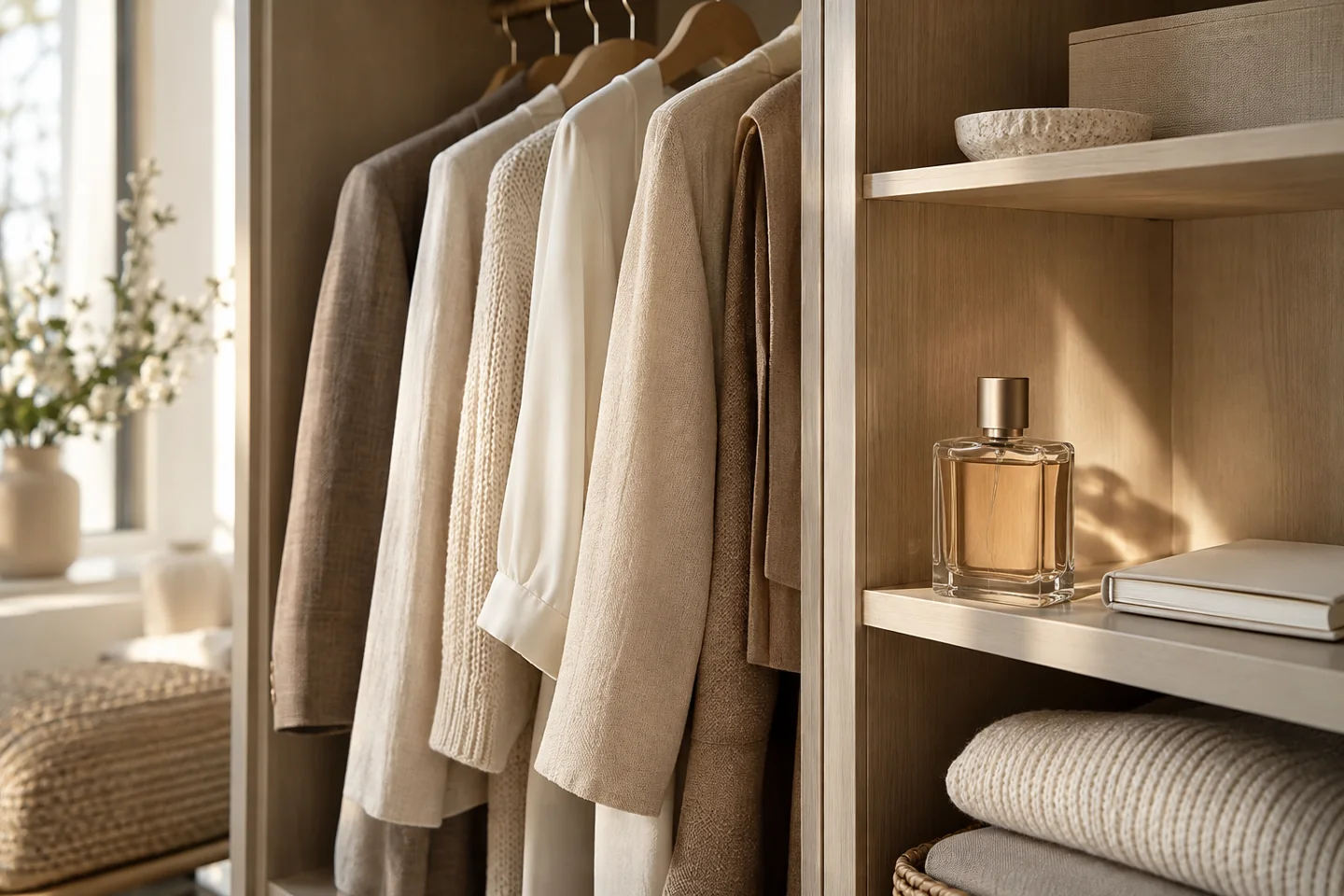 Single generic perfume bottle on a neutral wardrobe shelf